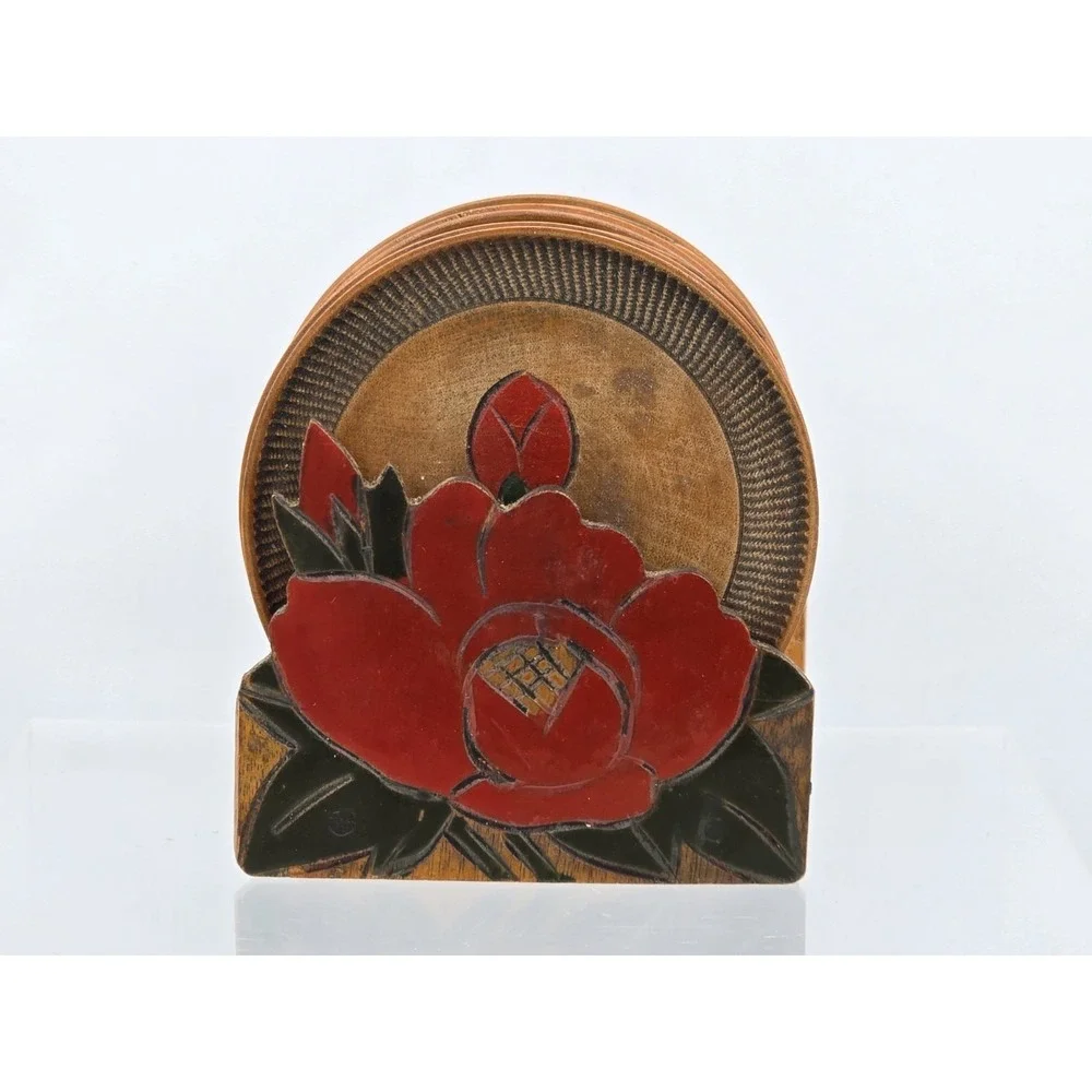 Vtg 12 Coaster Set with Holder Occupied Japan‎ Wood With Carved Flower Bud